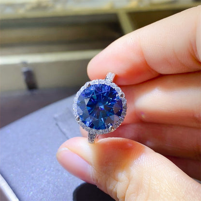 Blue Moissanite Halo Ring for Women, Round Cut Engagement Ring, 1 Carat 2 Carat 3 Carat 5 Carat Promise Ring