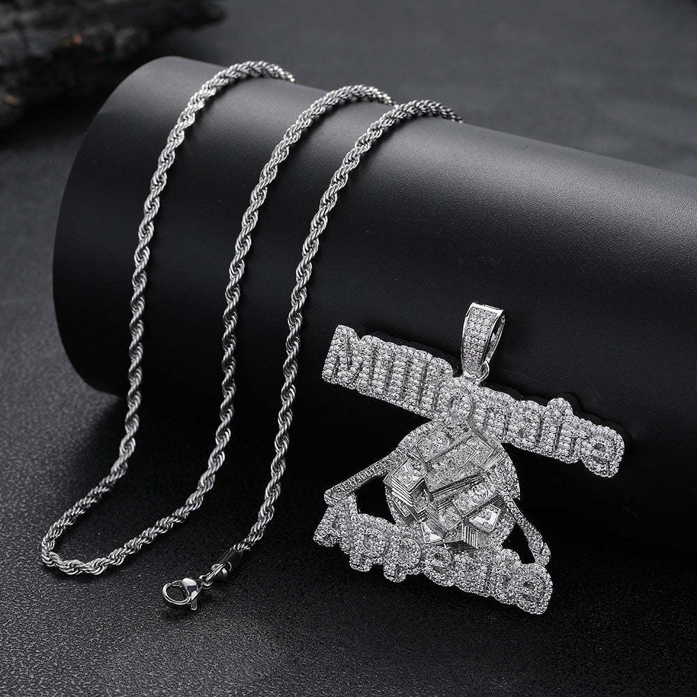 Iced Out Asymmetric Geometric Pendant Necklace, Copper Zircon Rope Chain Hip Hop Statement Jewelry