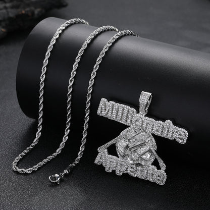 Iced Out Asymmetric Geometric Pendant Necklace, Copper Cubic Zirconia Rope Chain Hip Hop Statement Jewelry