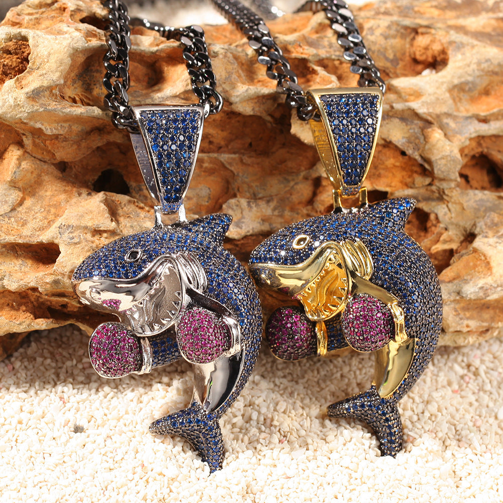 Iced Shark Pendant Necklace for Men with Cubic Zirconia Hip Hop Chain in Gold or Silver Tone