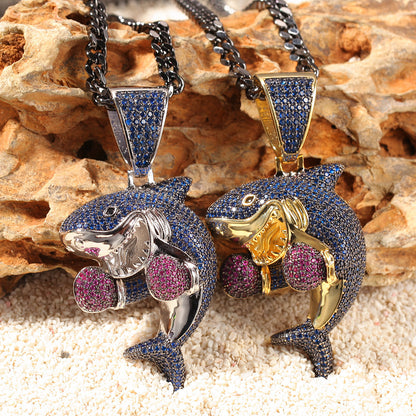 Iced Shark Pendant Necklace for Men with Cubic Zirconia Hip Hop Chain in Gold or Silver Tone
