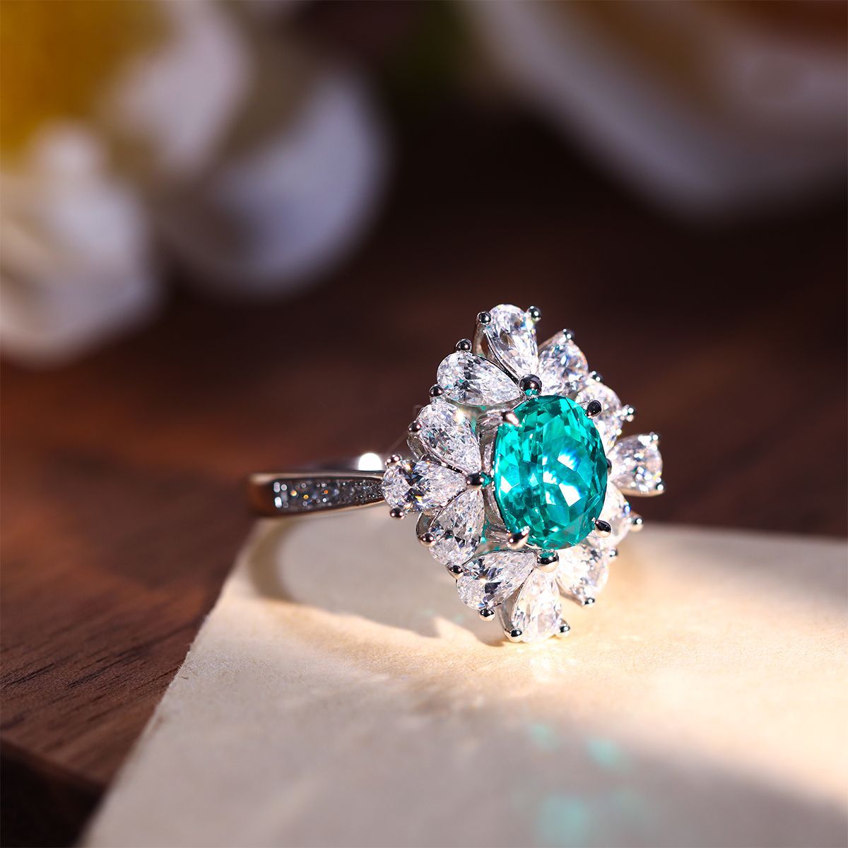 Green Oval Halo Wedding Ring for Women, S925 Silver Gold-Plated Paraiba-Style Ring product image