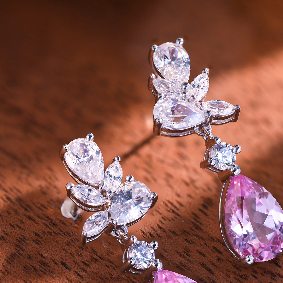Pink Teardrop Drop Earrings for Women, Floral Crystal Stud Dangle Earrings product image