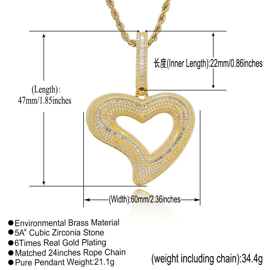 Hip Hop Light Luxury Heart Cubic Zirconia Pendant Necklace for Men and Women