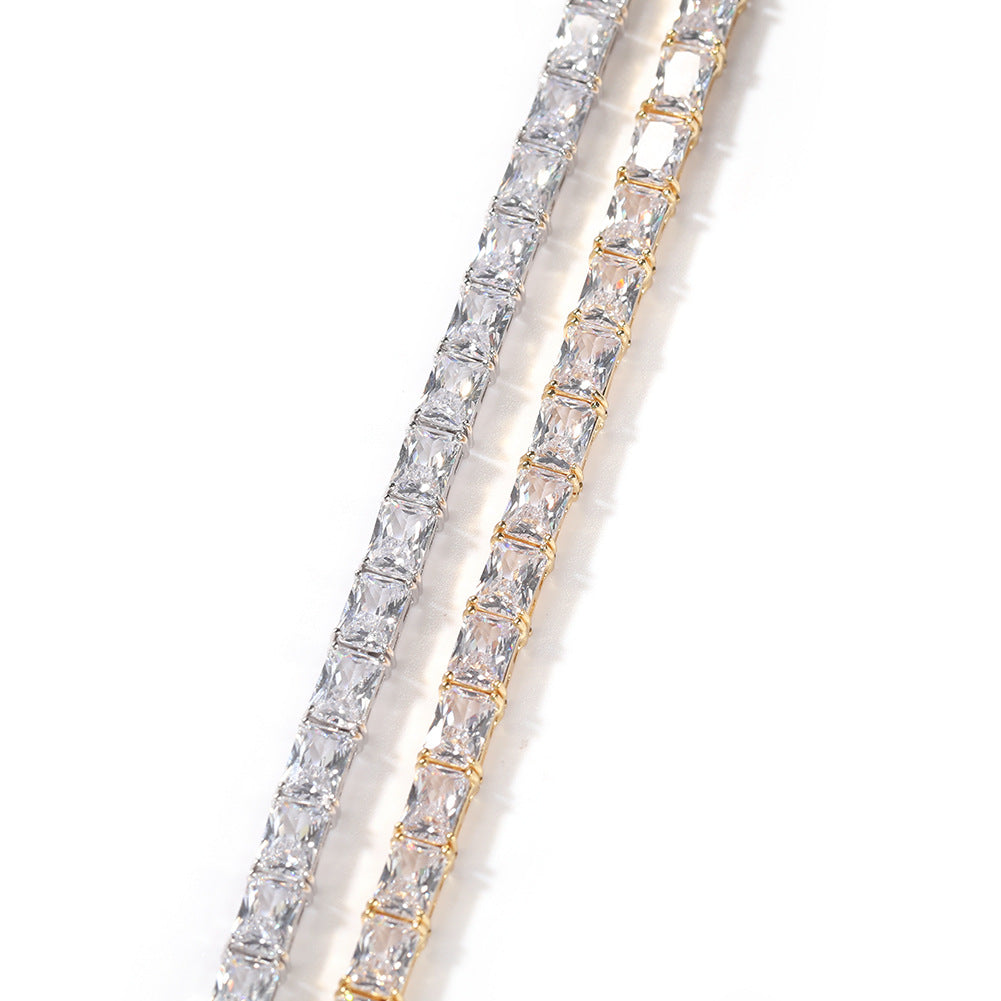 Unisex Rectangular Cubic Zirconia Tennis Chain Necklace in Gold or Silver Plated Copper