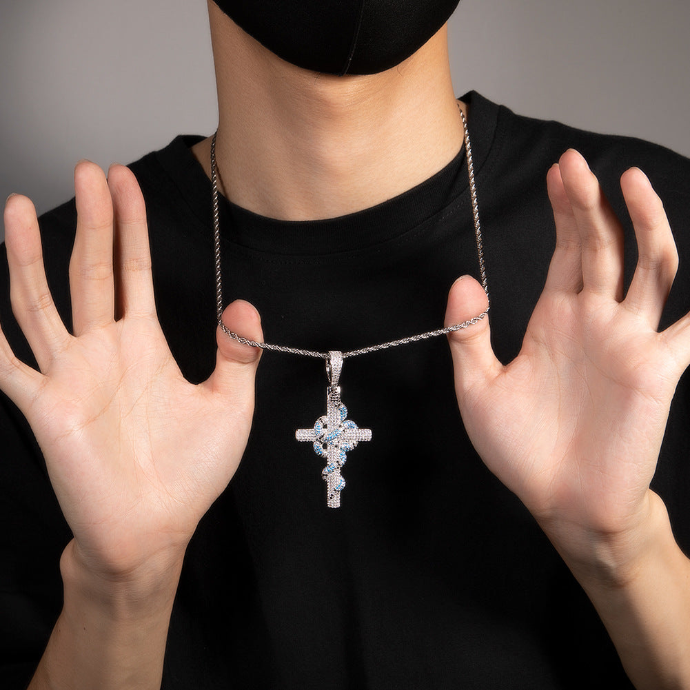 Silver Plated Iced Out Snake Cross Pendant Necklace with Cubic Zirconia Twisted Chain for Women product image