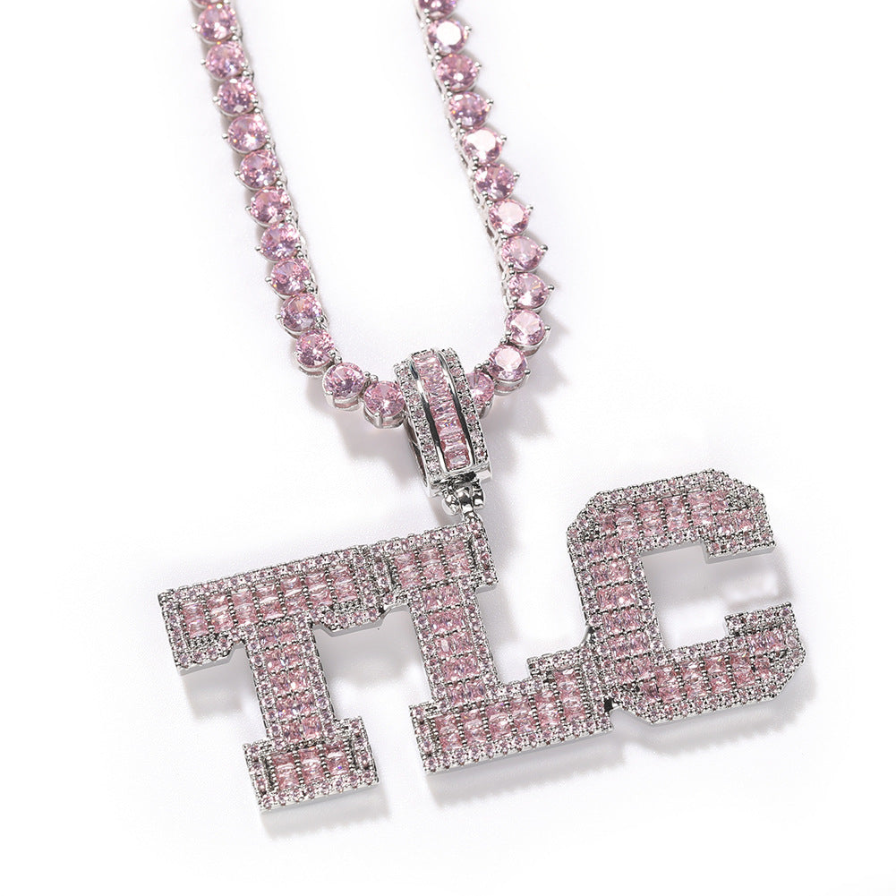 Personalized Pink Cubic Zirconia Letter Pendant Necklace for Women - Silver Plated Hip Hop Chain, Custom 1-10 Initials, 16 Inch Statement Jewelry
