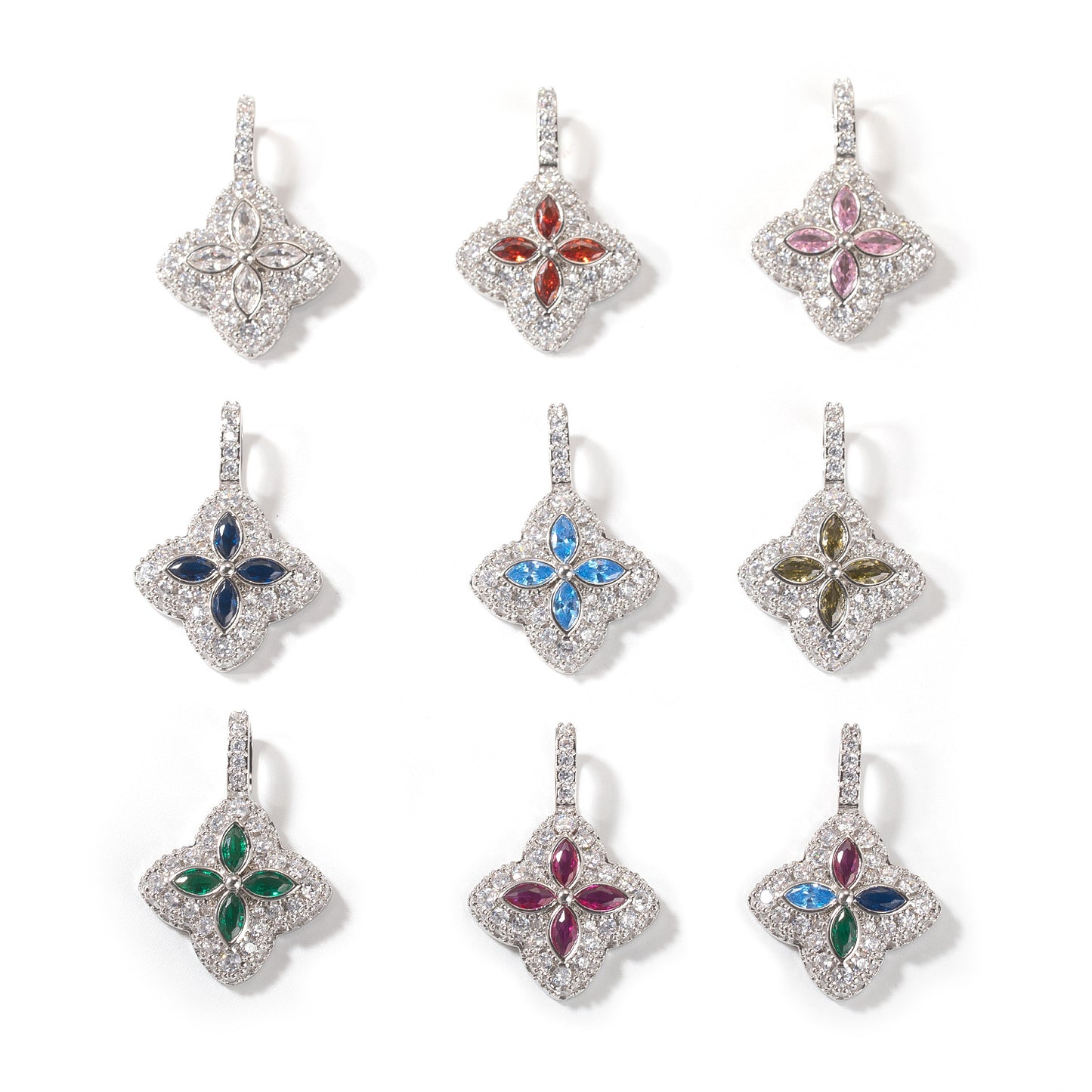 Silver Plated Flower Pendant Necklace with Cubic Zirconia on 24 Inch Twist Chain for Women