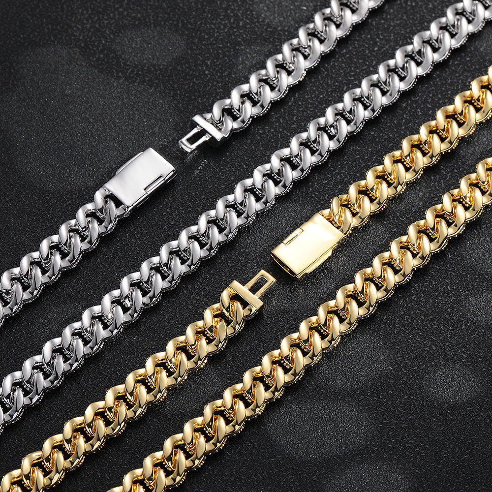10mm Iced Out Cuban Link Chain Necklace & Bracelet, Double Row Zirconia Hip Hop Jewelry, Unisex Plated Copper product image