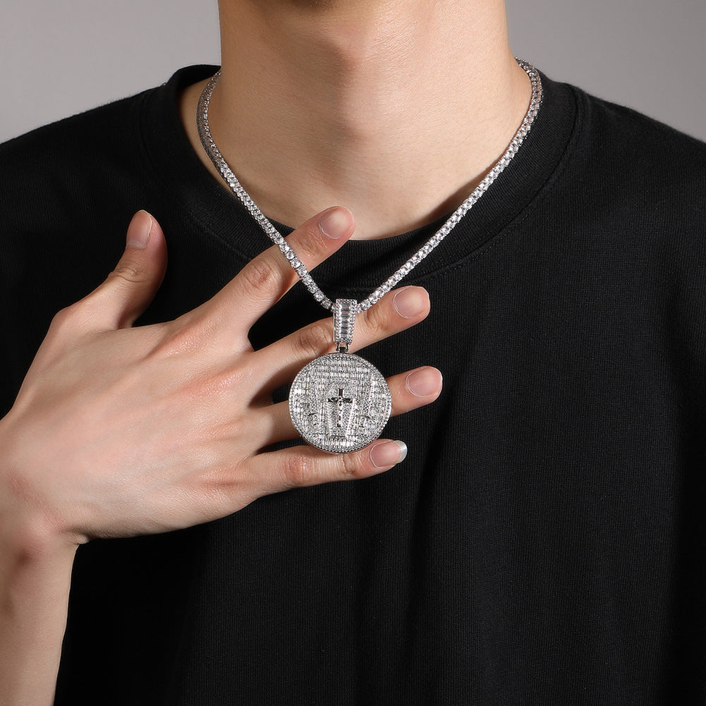 Iced Round Pendant Necklace with 24 Inch Twist Chain for Women and Men, Gold Plated or Silver Plated Statement Hip Hop Chain