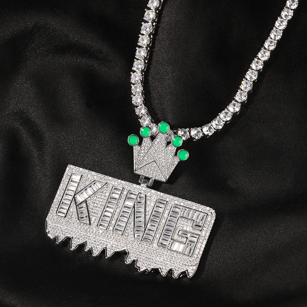 Iced Out KING Letter Pendant Necklace for Men and Women with Cubic Zirconia, Gold Plated Copper Hip Hop Statement Chain, 24 Inch Rope Twist Chain