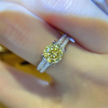 Yellow Moissanite Crown Ring Double Row Pavé Band Engagement Style Ring