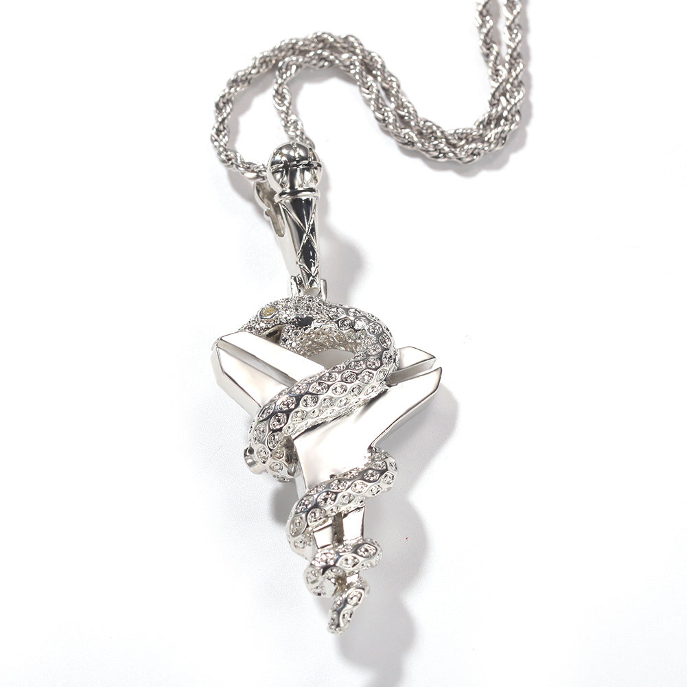 Men’s Iced Snake Pendant Necklace with Cubic Zirconia Twisted Stainless Steel Chain