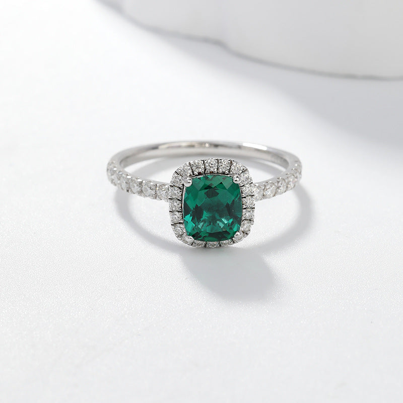 S925 Sterling Silver Lab-Grown Emerald Halo Ring, Cushion Cut product image