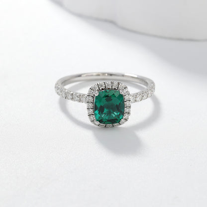 S925 Sterling Silver Lab-Grown Emerald Halo Ring, Cushion Cut