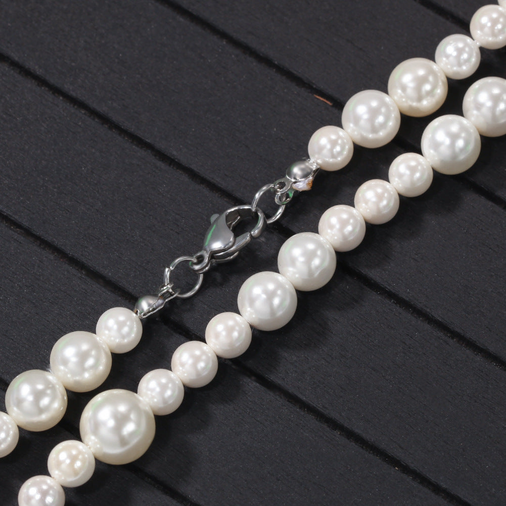 Unisex Round Pearl Necklace Pendant Chain - Trendy Layered Look Mixed-Size Pearl Statement Necklace product image