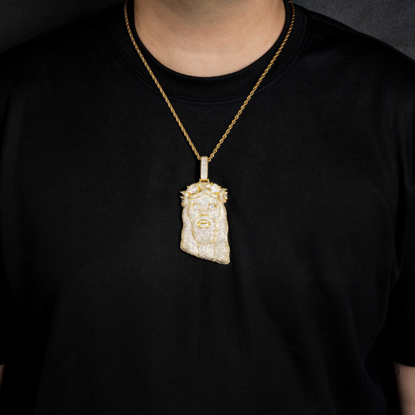 Iced Out Cartoon Face Pendant Necklace, Zircon Hip Hop Rope Chain Jewelry