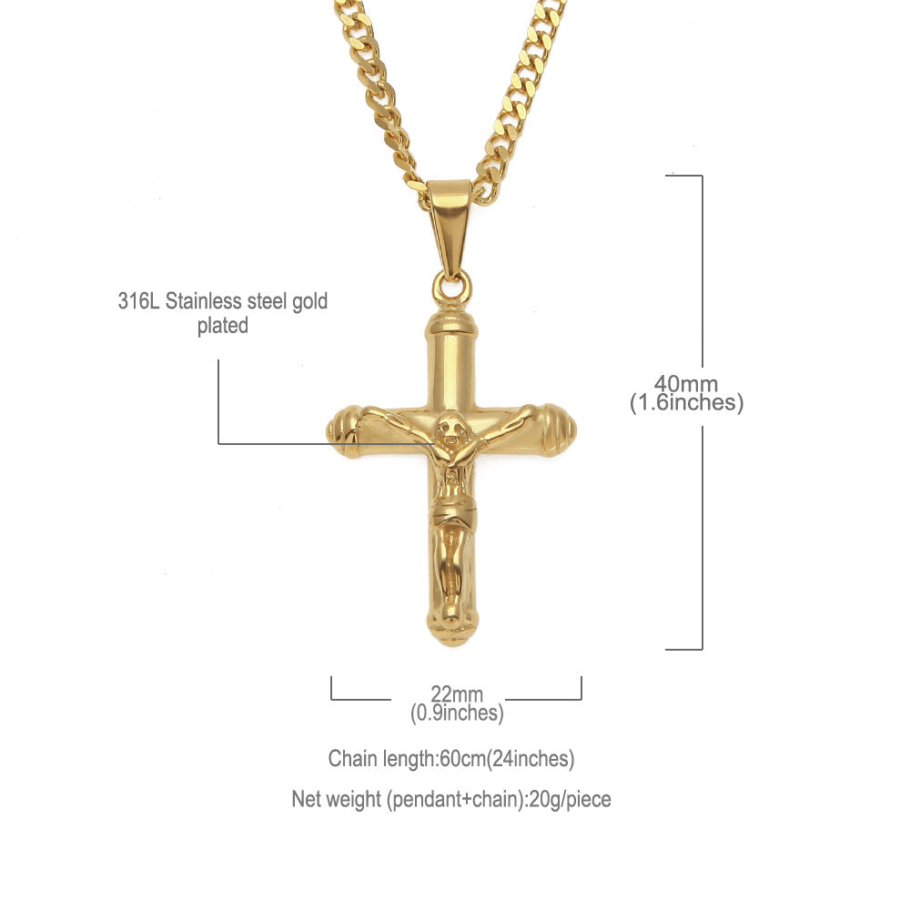 Gold Plated Stainless Steel Cross Pendant Necklace for Men with 3mm Cuban Chain