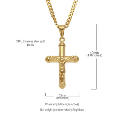 Gold Plated Stainless Steel Cross Pendant Necklace for Men with 3mm Cuban Chain