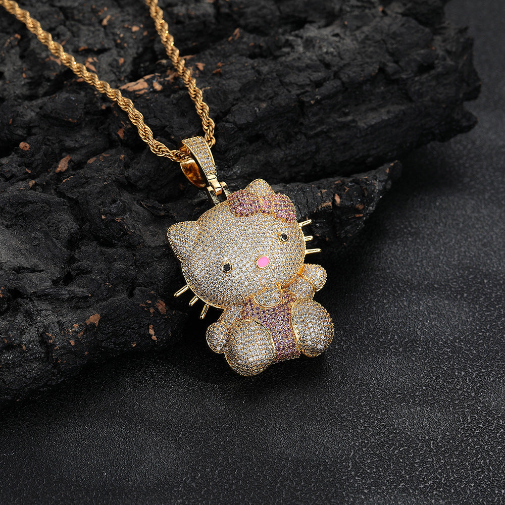Cartoon Cat Rhinestone Pendant Necklace, Twisted Rope Chain, Cute Women's Jewelry product image