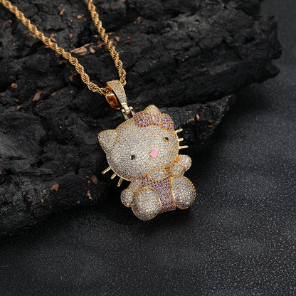Cartoon Cat Rhinestone Pendant Necklace, Twisted Rope Chain, Cute Women's Jewelry