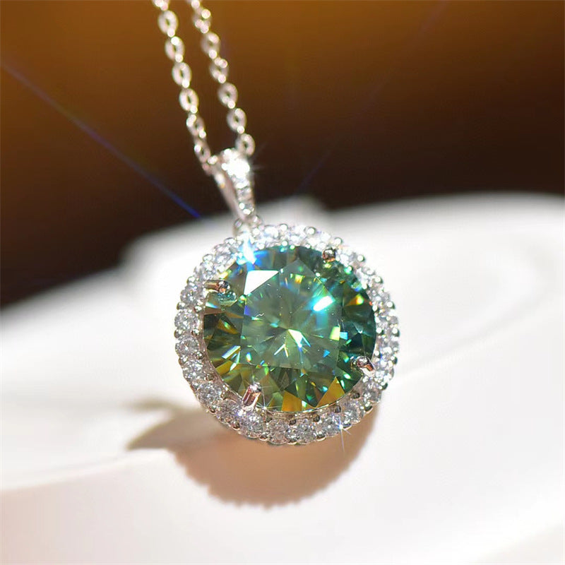 Green Moissanite Halo Pendant Necklace, Round Cut Sparkling Jewelry for Women product image