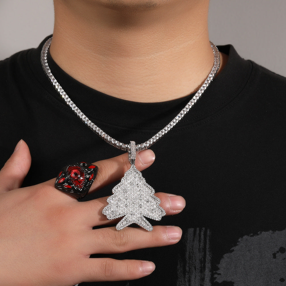 Iced Out Christmas Tree Pendant Necklace for Women – Cubic Zirconia Hip Hop Statement Chain, White Holiday Tree Charm with 24 Inch Twist Chain