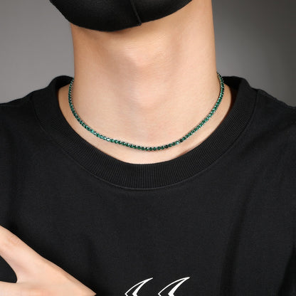 Green Cubic Zirconia Tennis Necklace in Silver Tone, Minimalist Statement Chain for Women & Men