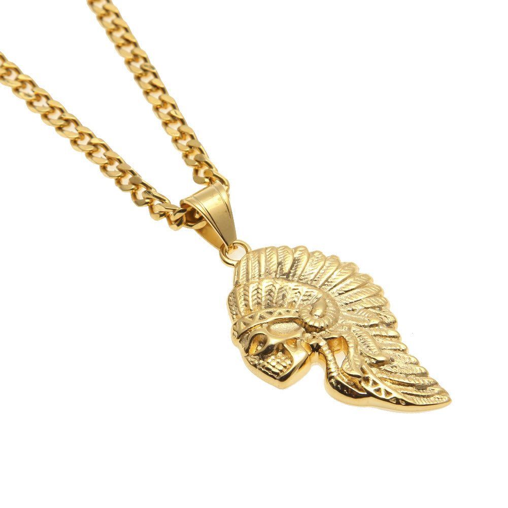 Unisex Stainless Steel Skull Chief Pendant Necklace with 5mm Cuban Chain, Gold Plated or Silver Tone Statement Jewelry