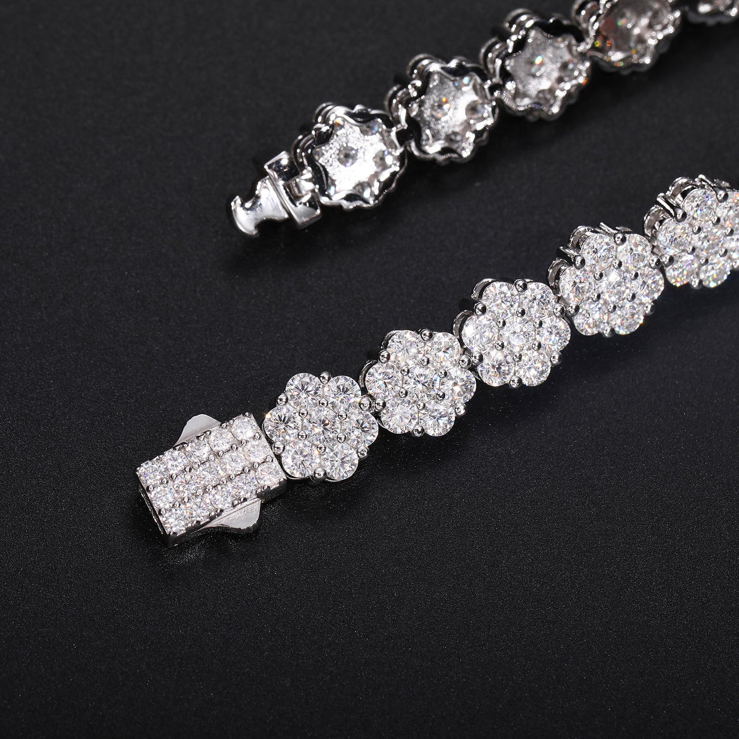 Unisex Silver Tone Moissanite Flower Cluster Tennis Bracelet, Iced Out Hip Hop Jewelry, 6 7 8 Inch product image