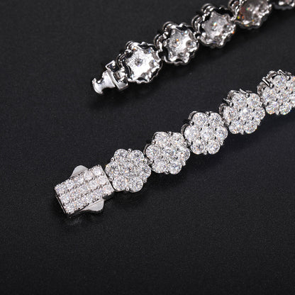 Unisex Silver Tone Moissanite Flower Cluster Tennis Bracelet, Iced Out Hip Hop Jewelry, 6 7 8 Inch