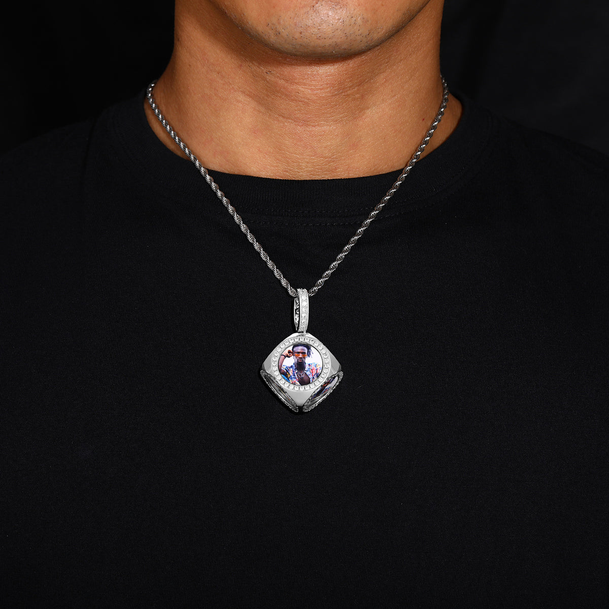Custom Photo Iced Out Geometric Pendant Necklace with Rope Chain product image