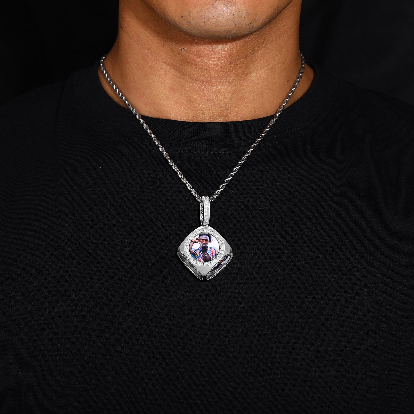 Custom Photo Iced Out Geometric Pendant Necklace with Rope Chain product image