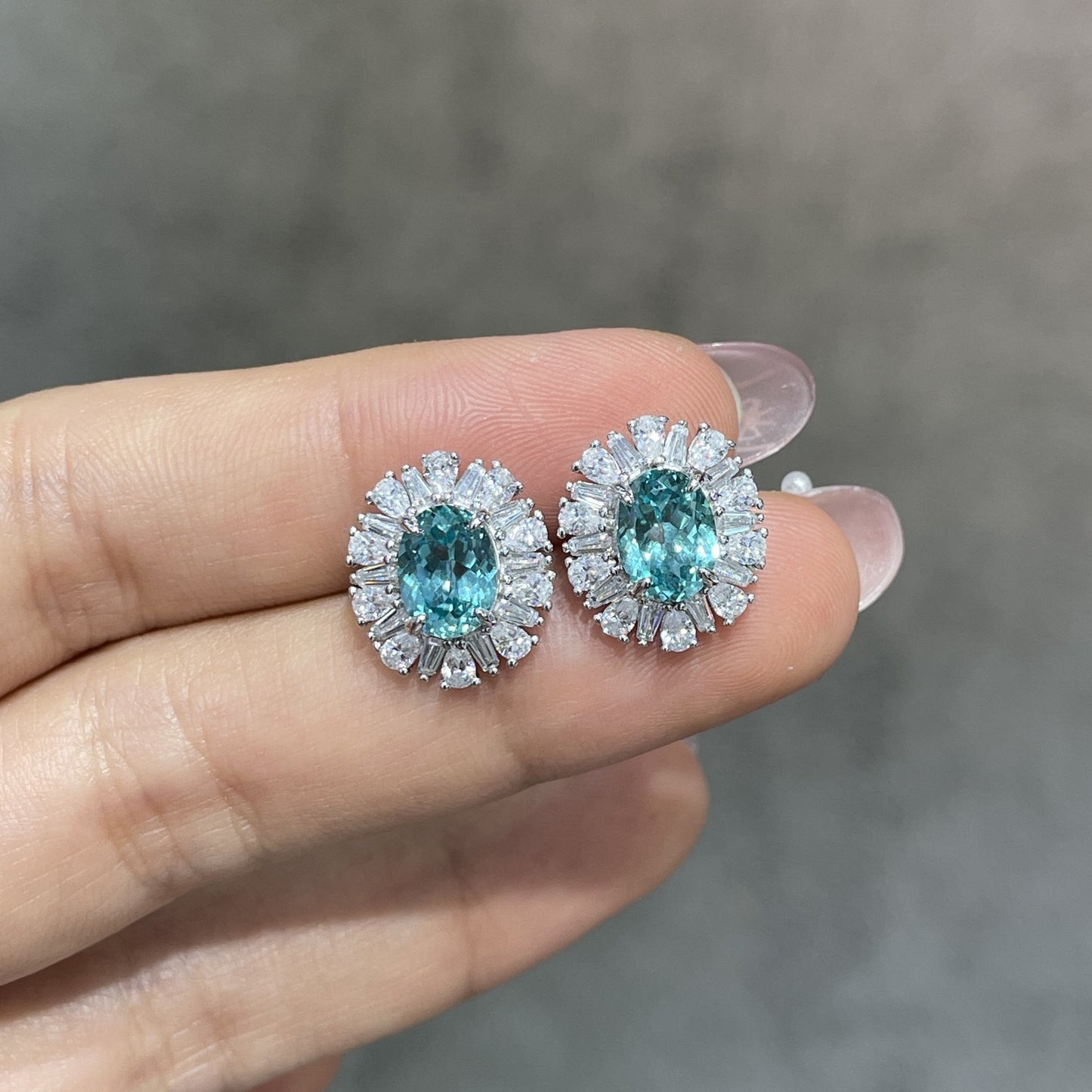 1.5 Carat Lab Grown Paraiba Stud Earrings, Oval Teal Blue Green Halo Earrings product image