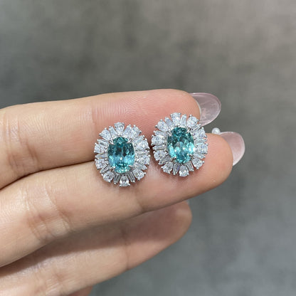 1.5 Carat Lab Grown Paraiba Stud Earrings, Oval Teal Blue Green Halo Earrings