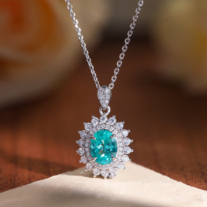 S925 Silver Teal Halo Jewelry Set for Women, Necklace Earrings Ring