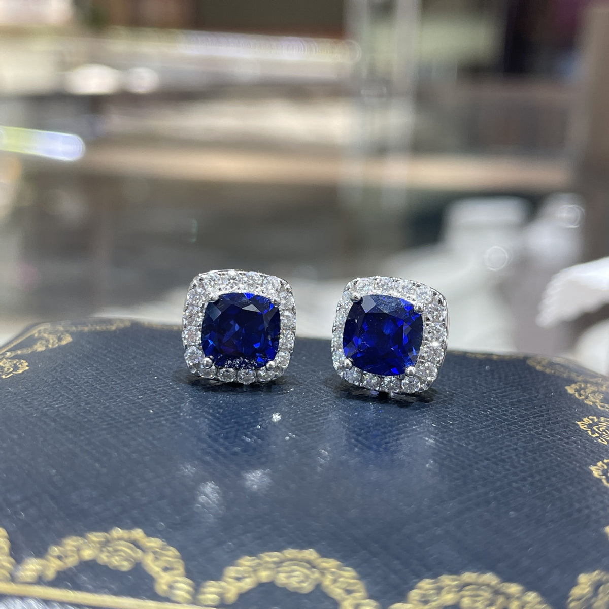Square Halo Stud Earrings, Cushion Cut Colored Stone Ear Studs, Red and Blue Sparkle Earrings for Everyday Wear product image