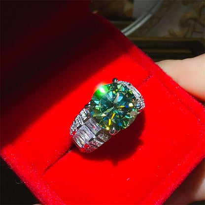 5 Carat Green Moissanite Ring for Women, Round Halo Engagement Ring with Baguette Side Stones, Floral-Inspired Promise Wedding Ring