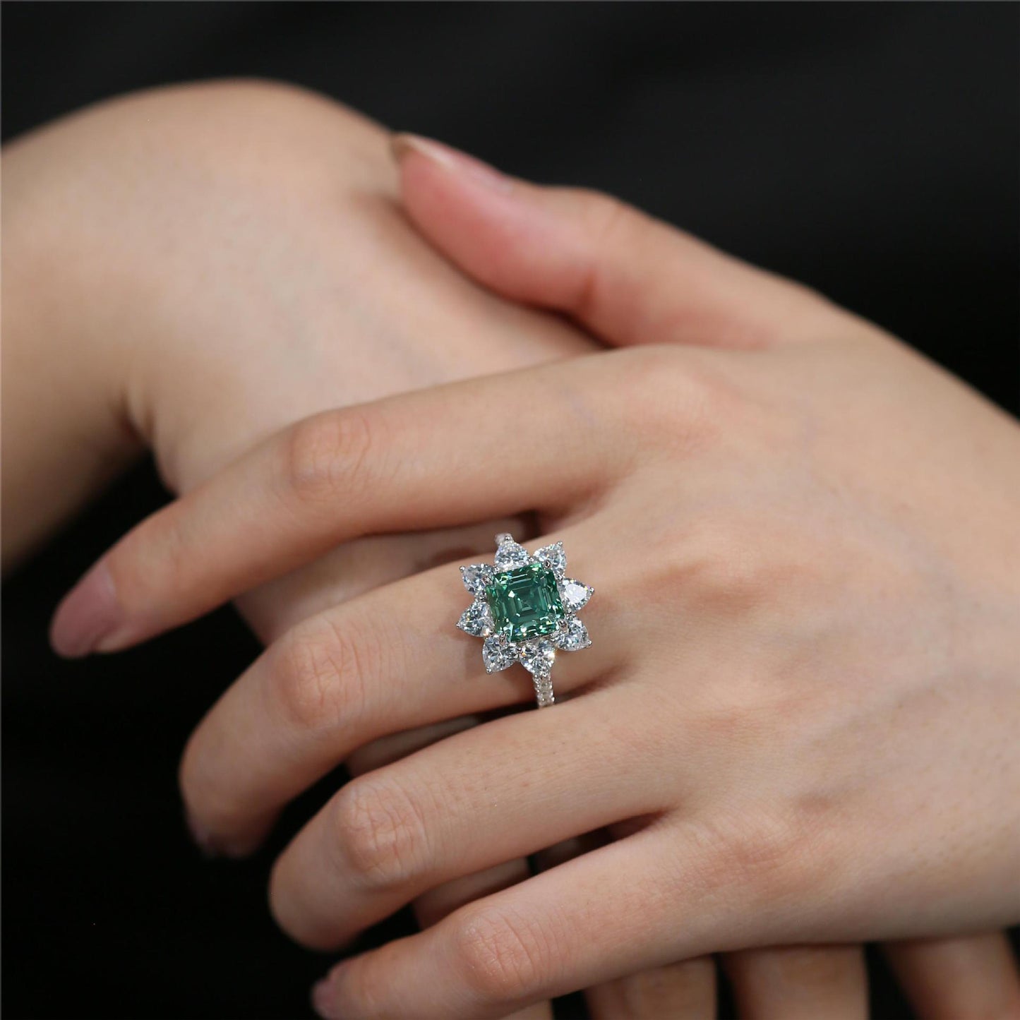 Green 2.5CT moissanite halo ring worn on hand product image