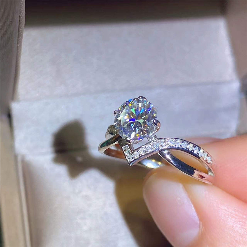 VVS Moissanite Engagement Ring for Women, Four-Prong Round Solitaire Ring with Pavé V Band product image