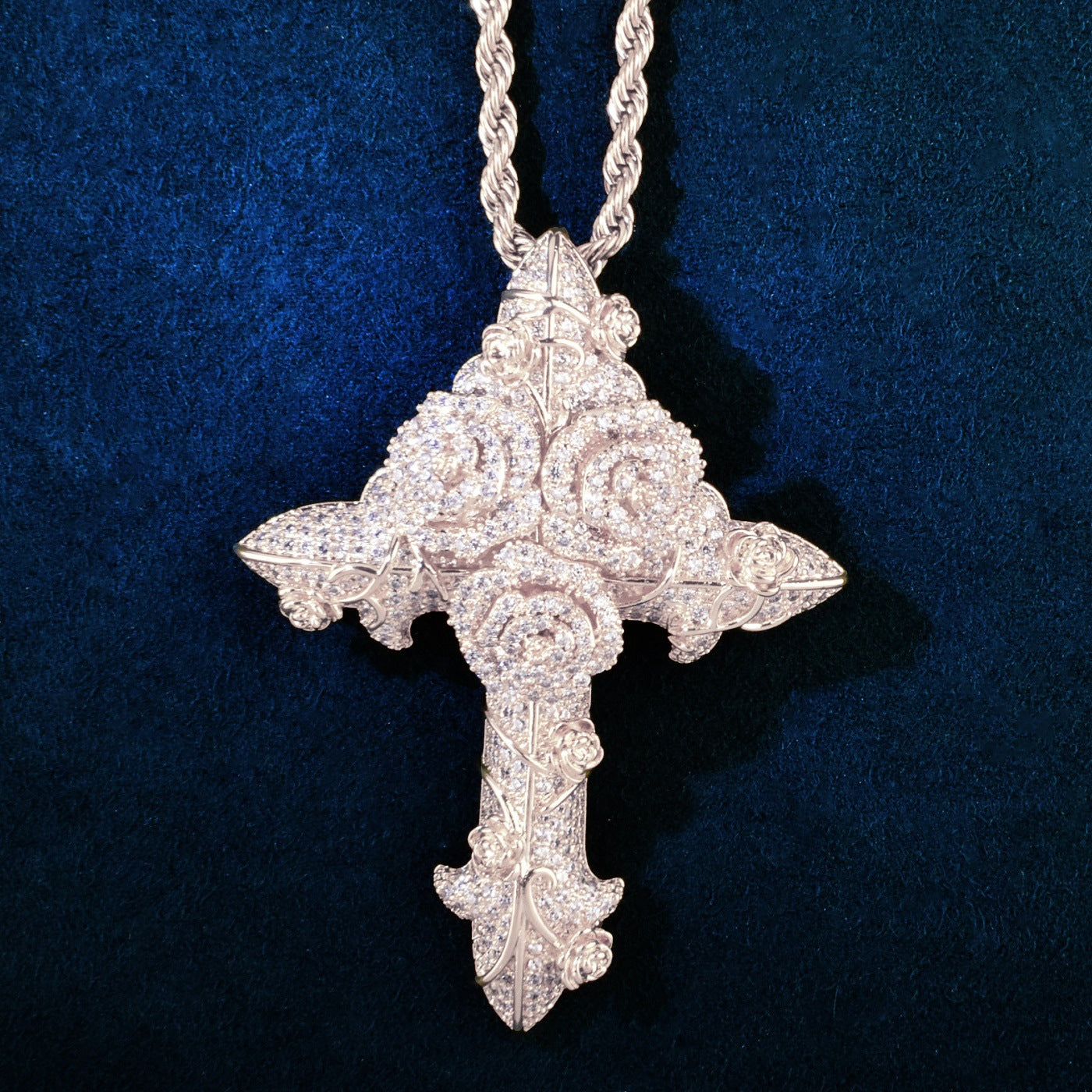 Iced Rose Cross Pendant Necklace