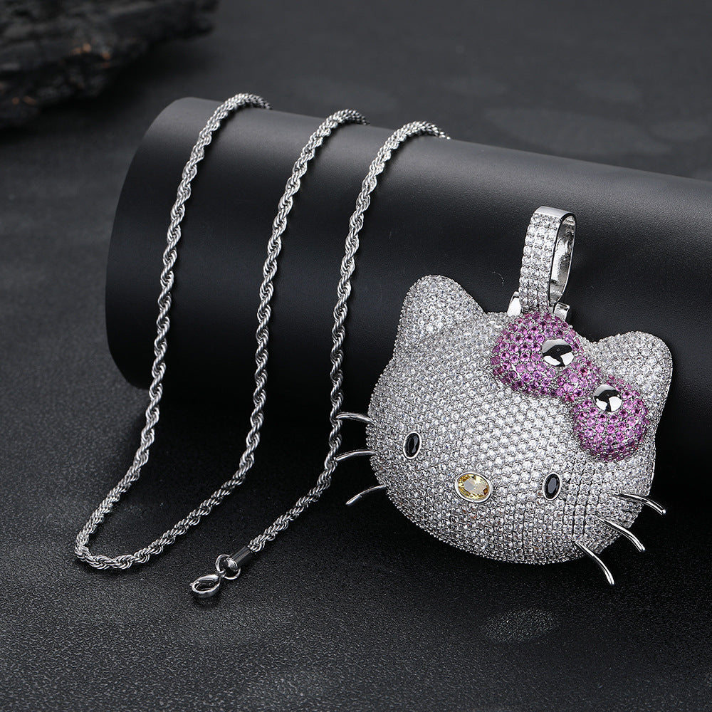 Cartoon Cat Face Rhinestone Pendant Necklace, Twisted Chain, Hip-Hop Style