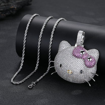 Cartoon Cat Face Rhinestone Pendant Necklace, Twisted Chain, Hip-Hop Style