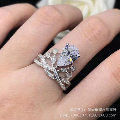 Pear Cut Moissanite Crown Ring for Women, Halo Engagement Ring, 1 Carat or 2 Carat