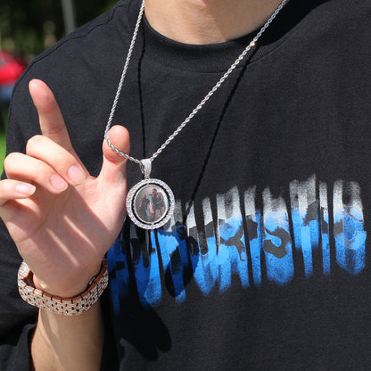 Custom Rotating Photo Pendant Necklace with Cubic Zirconia Circle Frame & 24 Inch Twist Chain