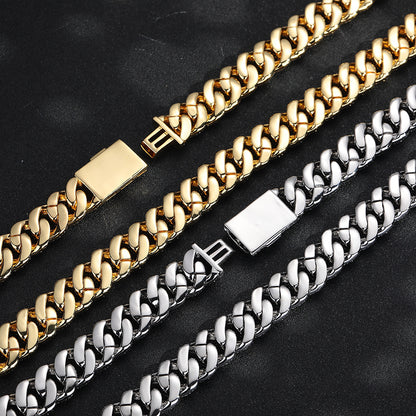 15MM Iced-Out Cuban Link Chain Bracelet & Necklace, Oval Zirconia Hip Hop Jewelry