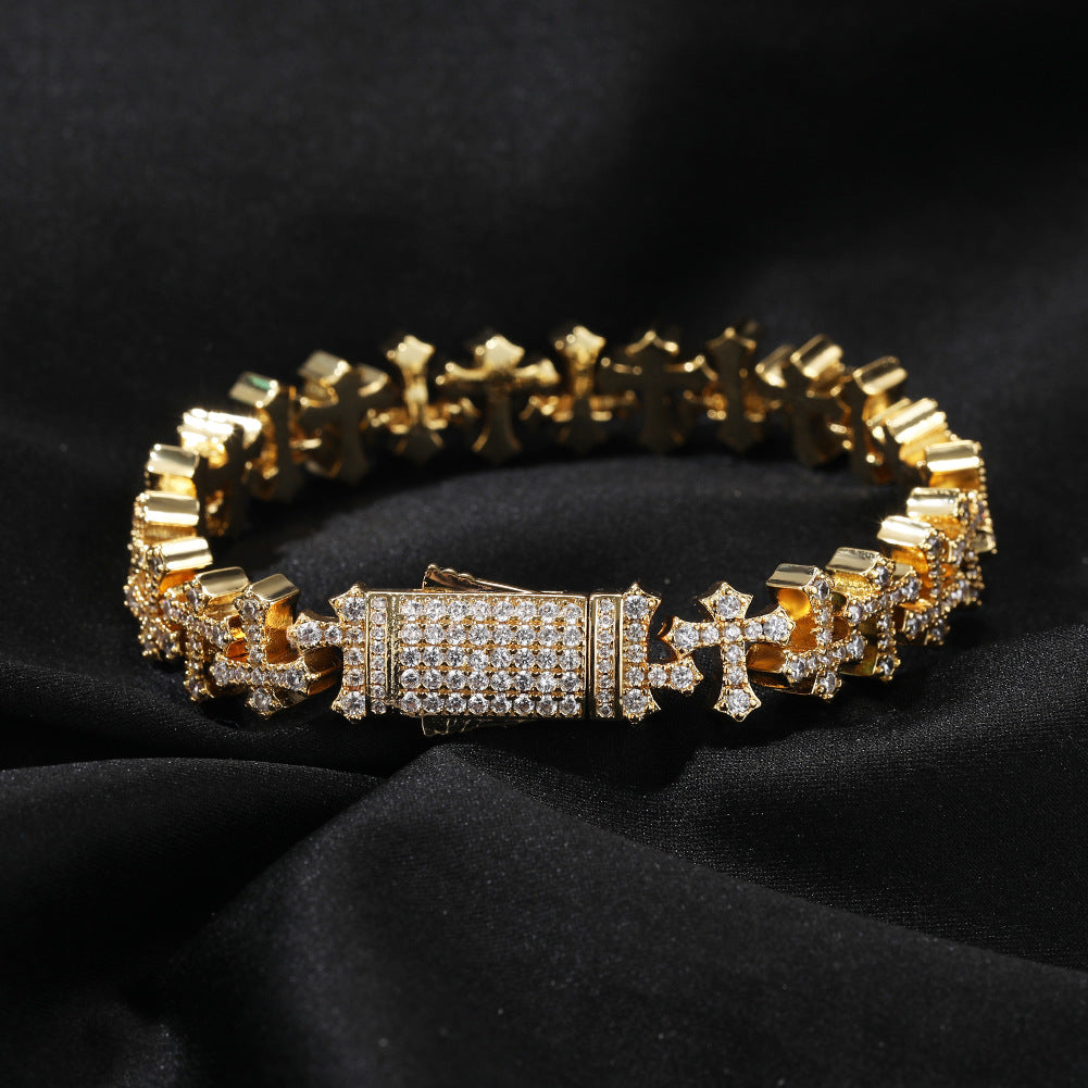 Iced Cross Chain Bracelet for Women & Men – Gold or Silver Brass Bracelet with Cubic Zirconia, Hip-Hop Statement Jewelry