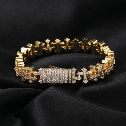 Iced Cross Chain Bracelet for Women & Men – Gold or Silver Brass Bracelet with Cubic Zirconia, Hip-Hop Statement Jewelry