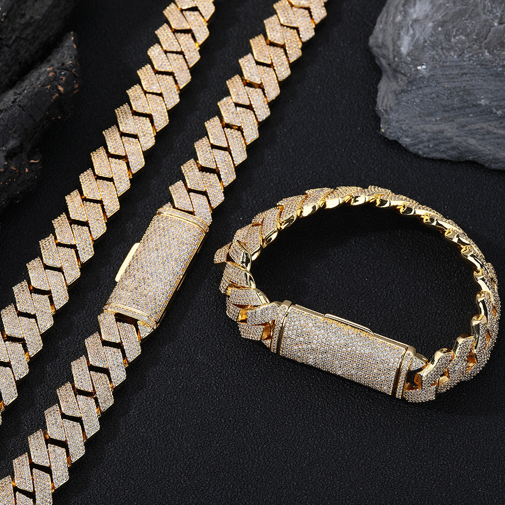 Iced Out Cuban Link Chain Bracelet and Necklace, 15mm Cubic Zirconia Pavé Rectangular Link, Unisex Hip Hop Jewelry product image