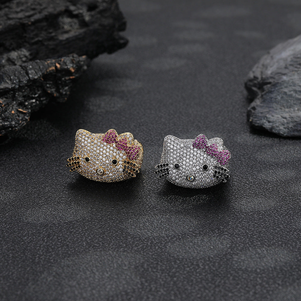 Cute Cat Face Rhinestone Ring, Animal Bow Ring, White or Gold, Sizes 6-9